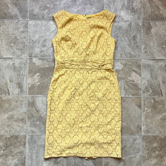 Adrianna Papell Dress 10 Yellow Floral Lace Sheath Sleeveless Spring Twee Formal - Picture 4 of 7